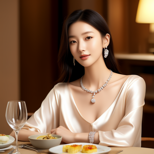 生活瞬间，美女，韩系美女，丝绸，美妆广告，家庭餐桌，4K超清，写实风格，温馨，柔和室内光，细腻皮肤，项链，耳环，手链。