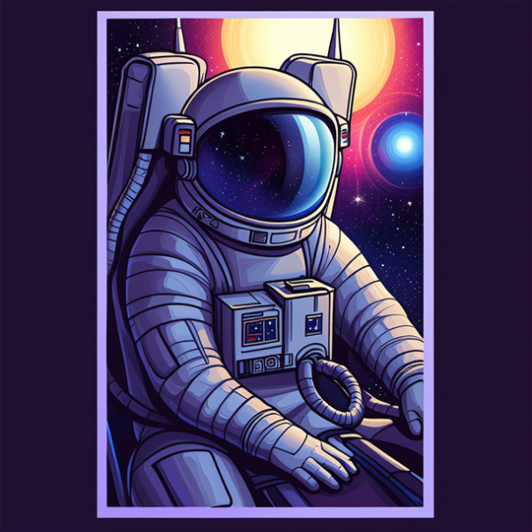 未来风格，大场景，宇航员坐姿很小的背影，绘制出绚烂色彩，创意，精细的