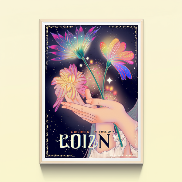一幅充满艺术性的海报作品，画面中央是一位手里拿着花的女孩，她的姿态自然而优雅，手中的花朵绚烂多彩，渐变的色彩，闪亮的光点，背景整洁。