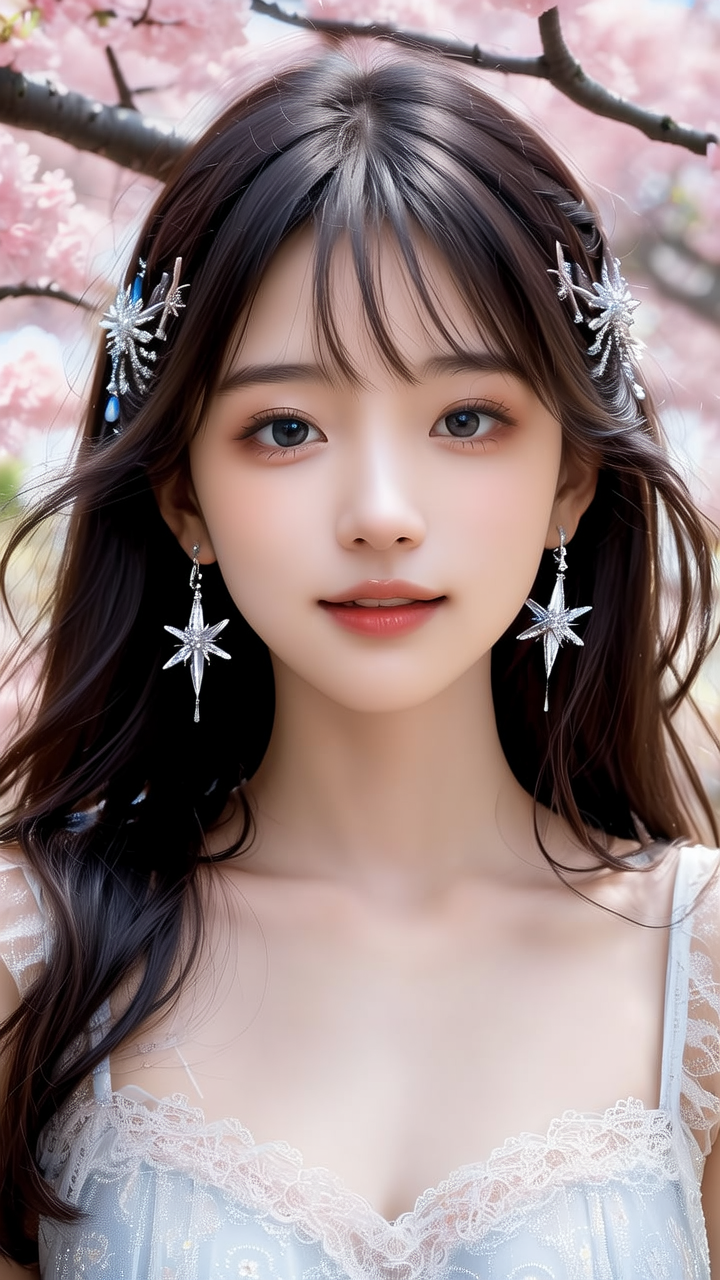 一位混血女孩，眼中仿佛蕴含着繁星，身后为一棵樱花树，发丝凌乱而自然地飘散，戴着水晶耳环和银河主题的发饰，身着一件蕾丝边的连衣裙。