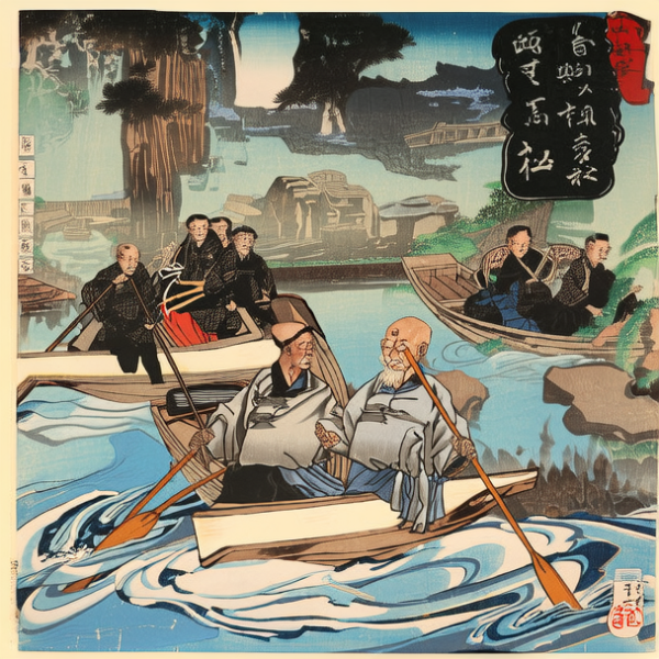 清澈的江面有一位披着蓑衣的老人划着小船