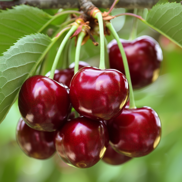 一串樱桃挂在枝头，红彤彤的果实圆润可爱，光泽透亮，仿佛每一颗都蕴含着无限的甜蜜和活力。